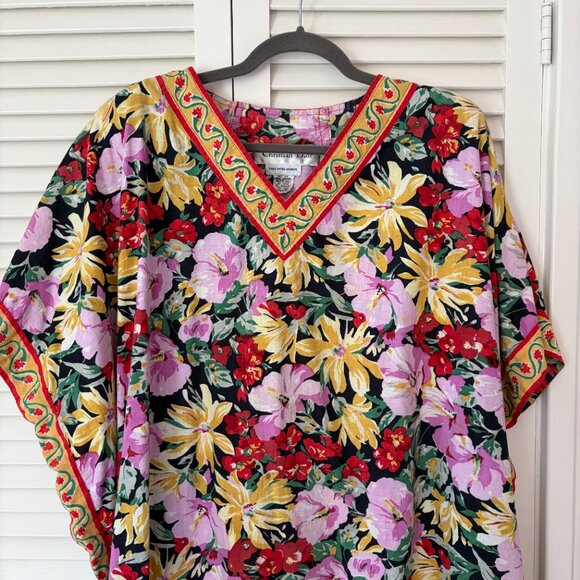 Vintage Christian Dior caftan one size floral bold cotton v-neck pullover - Picture 3 of 15